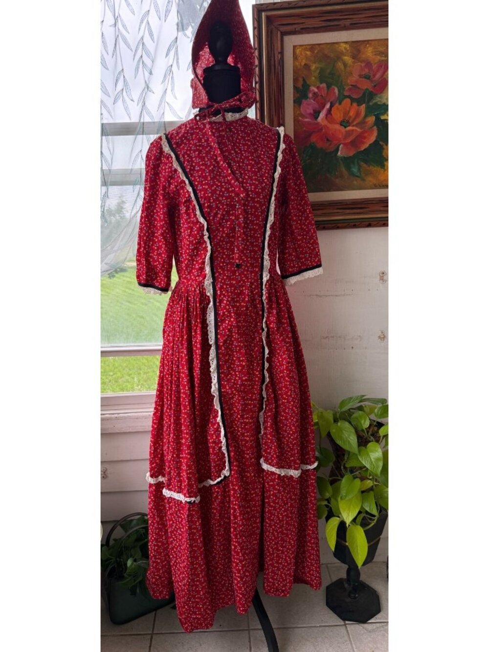 Vintage 70s Cotton Red Floral Prairie Maxi Dress With Bonnet Size L Boho